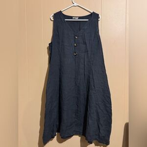 ALESSIA PACINI Women 1X %100 Linen Dark Blue Sleeveless  Dress w Button‎ Detail